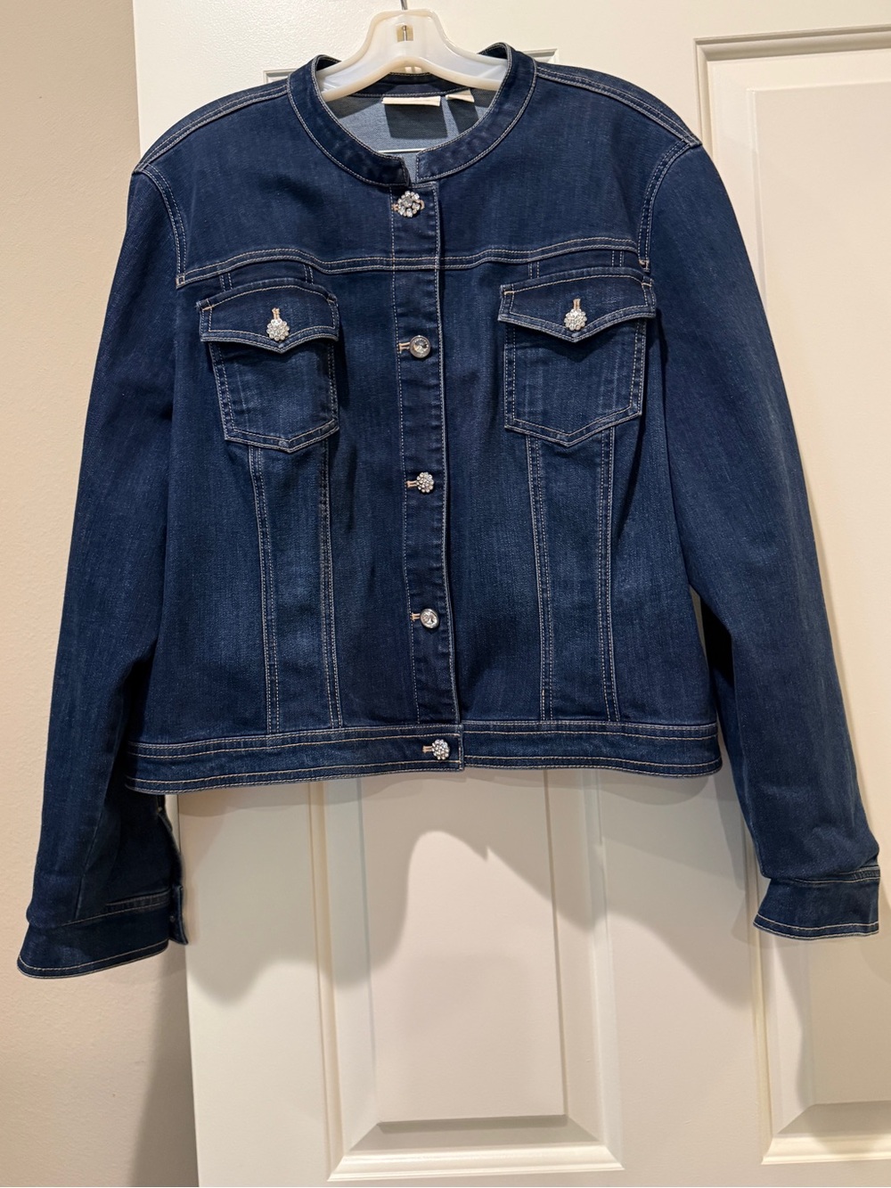 Chico's Dark Blue Denim Jacket with Decorative Jewel Buttons